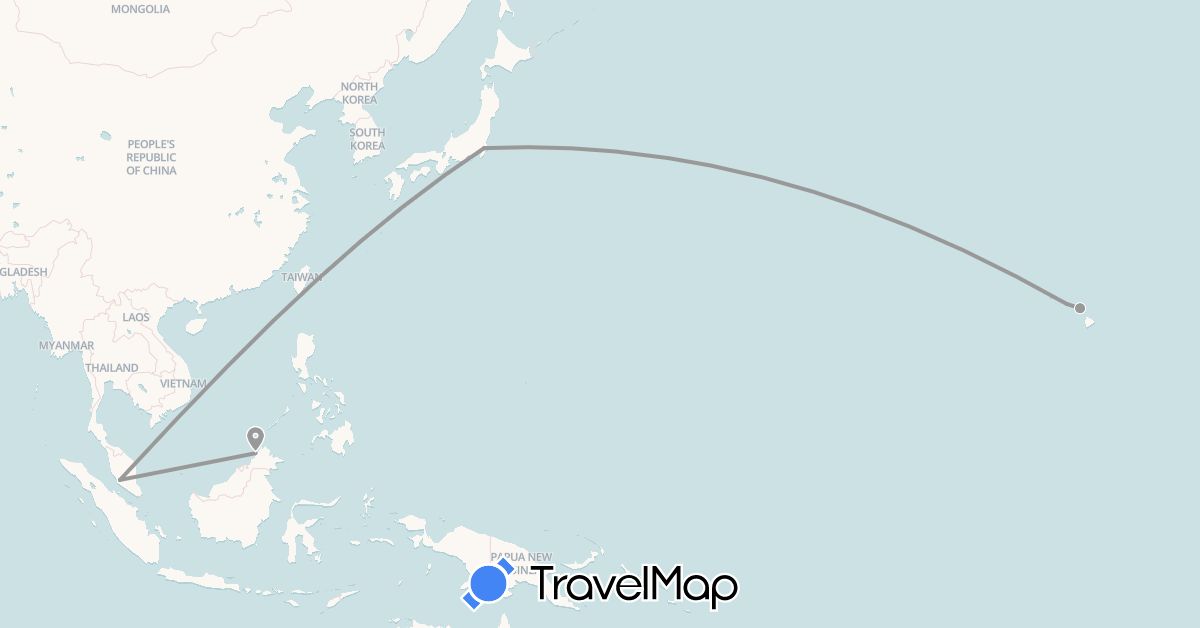 TravelMap itinerary: driving, plane in Japan, Malaysia, United States (Asia, North America)